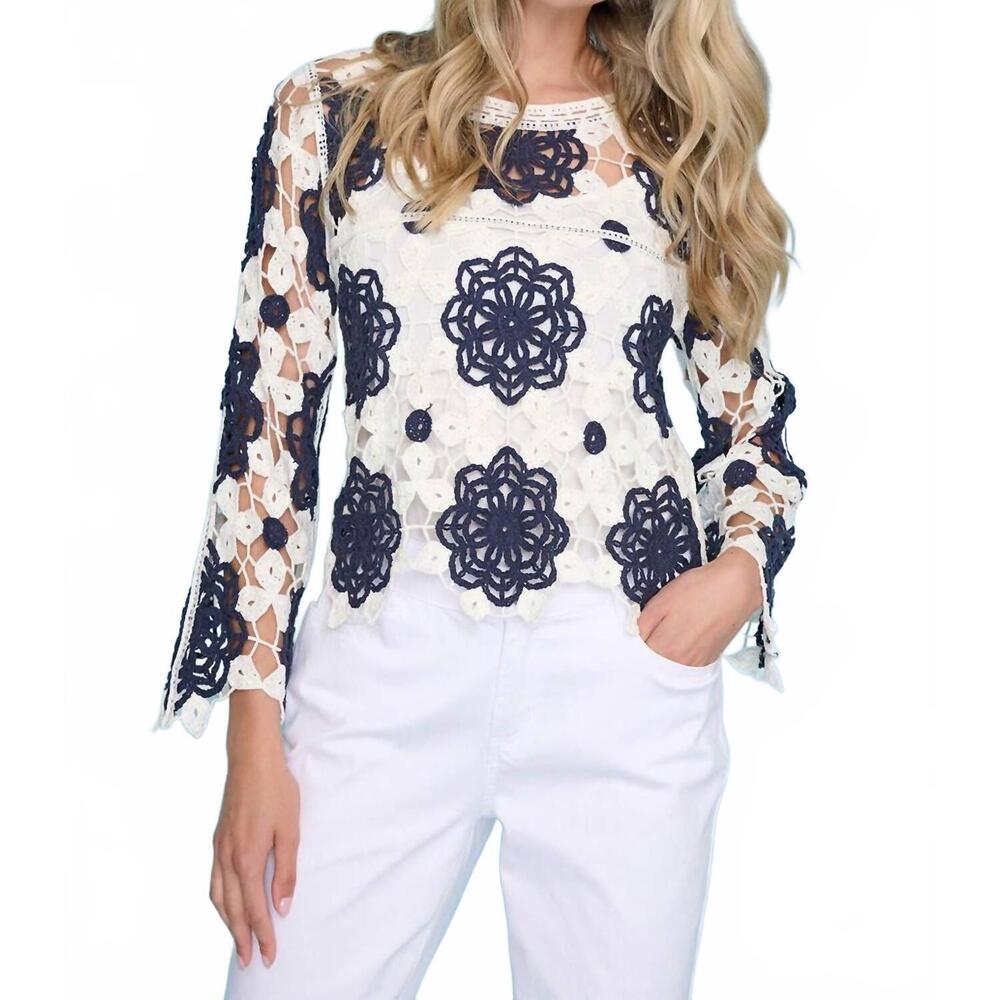 NEW PICADILLY 2-tone crochet top in white/denim